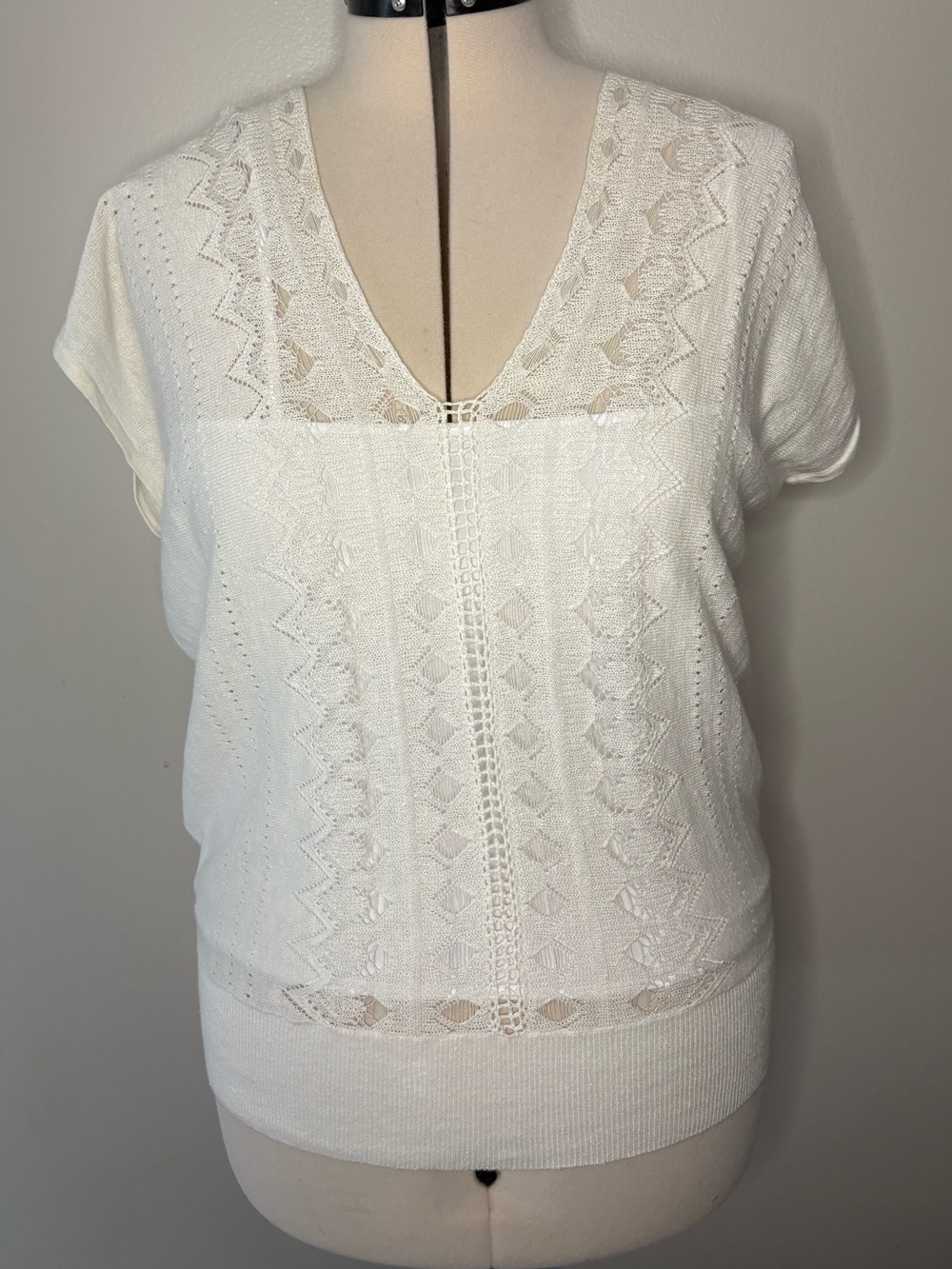 Ralph Lauren Cream Openwork Knit V-Neck Sweater Top